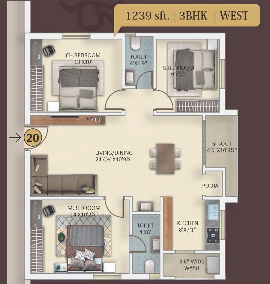 Floor plan of 3 BHK 1239 Sq. Ft. Apartment in MKT Urban Tree, Hyderabad