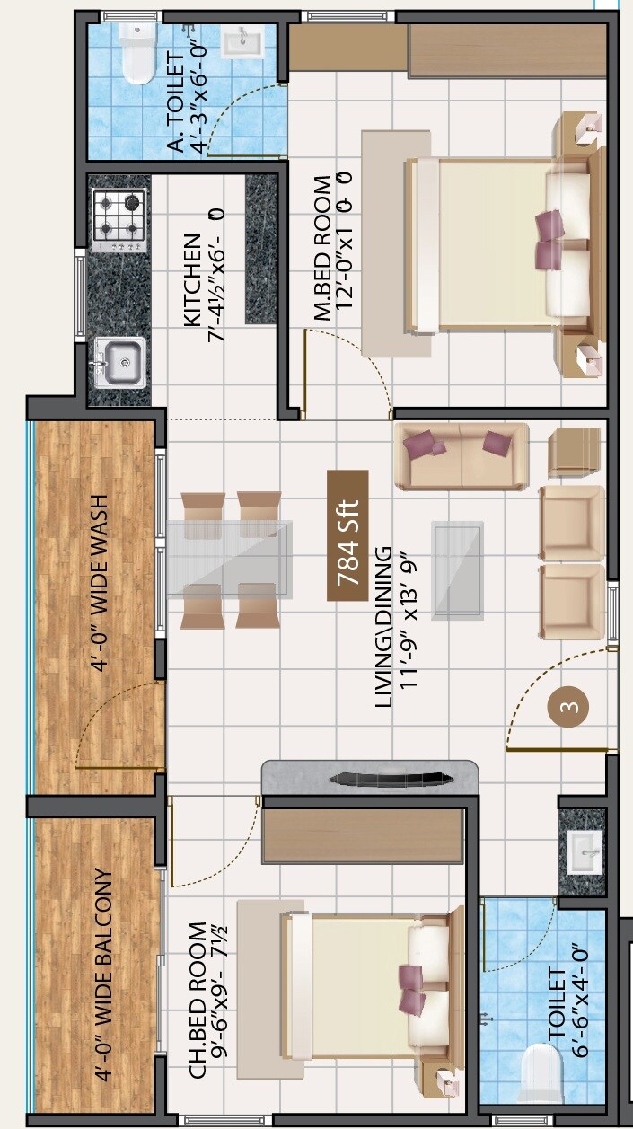 Floor plan of 2 BHK 784 Sq. Ft. Apartment in MKT Wondur, Hyderabad