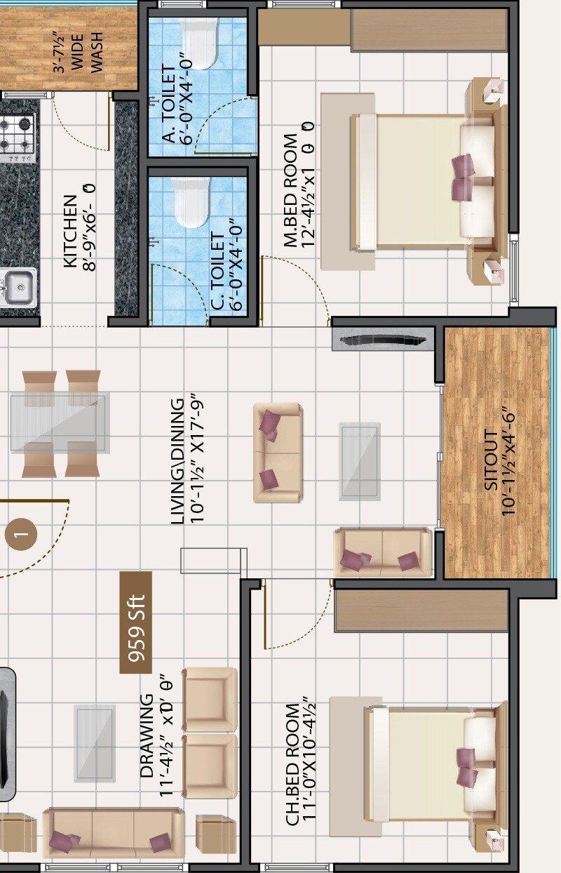 Floor plan of 2 BHK 959 Sq. Ft. Apartment in MKT Wondur, Hyderabad