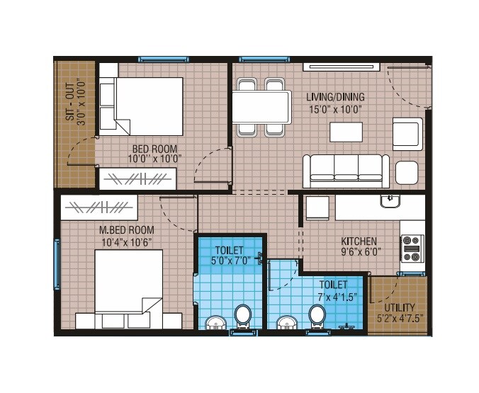 Floor plan of 2 BHK 635 Sq. Ft. Apartment in Modi Bloomdale Residency, Hyderabad