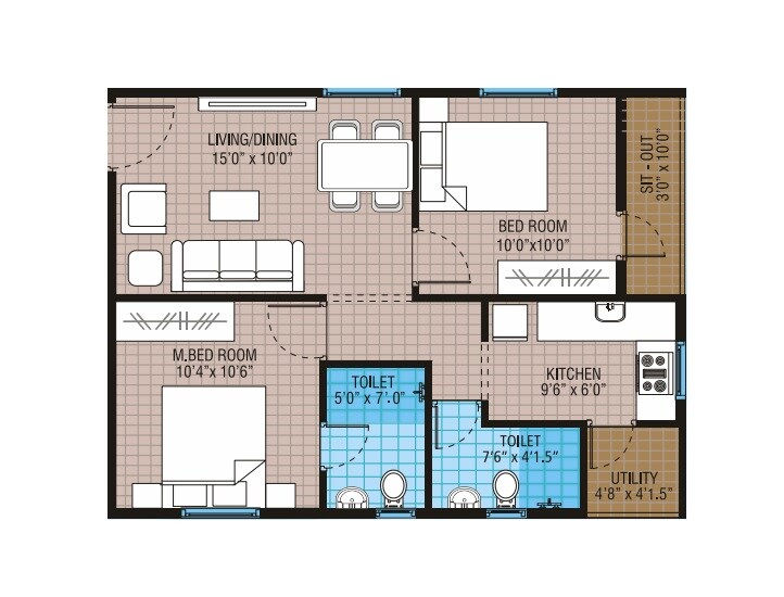 Floor plan of 2 BHK 818 Sq. Ft. Apartment in Modi Bloomdale Residency, Hyderabad