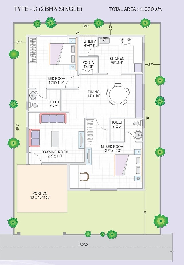 Floor plan of 2 BHK 1000 Sq. Ft. Villa in Modi Bloomdale, Hyderabad