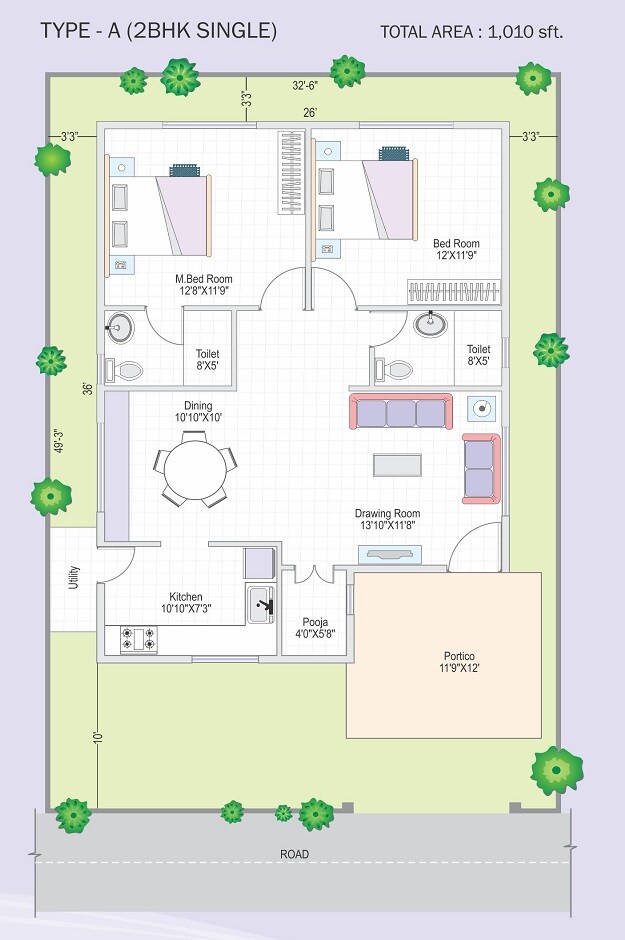 Floor plan of 2 BHK 1010 Sq. Ft. Villa in Modi Bloomdale, Hyderabad
