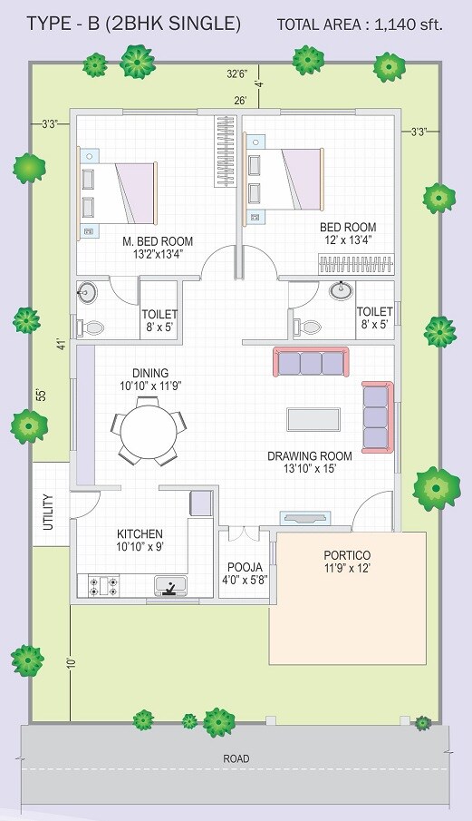 Floor plan of 2 BHK 1140 Sq. Ft. Villa in Modi Bloomdale, Hyderabad