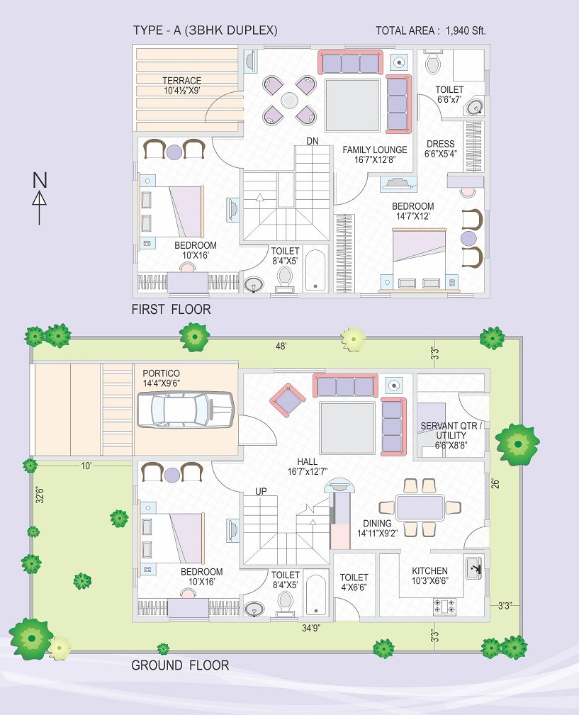 Floor plan of 3 BHK 1940 Sq. Ft. Villa in Modi Bloomdale, Hyderabad