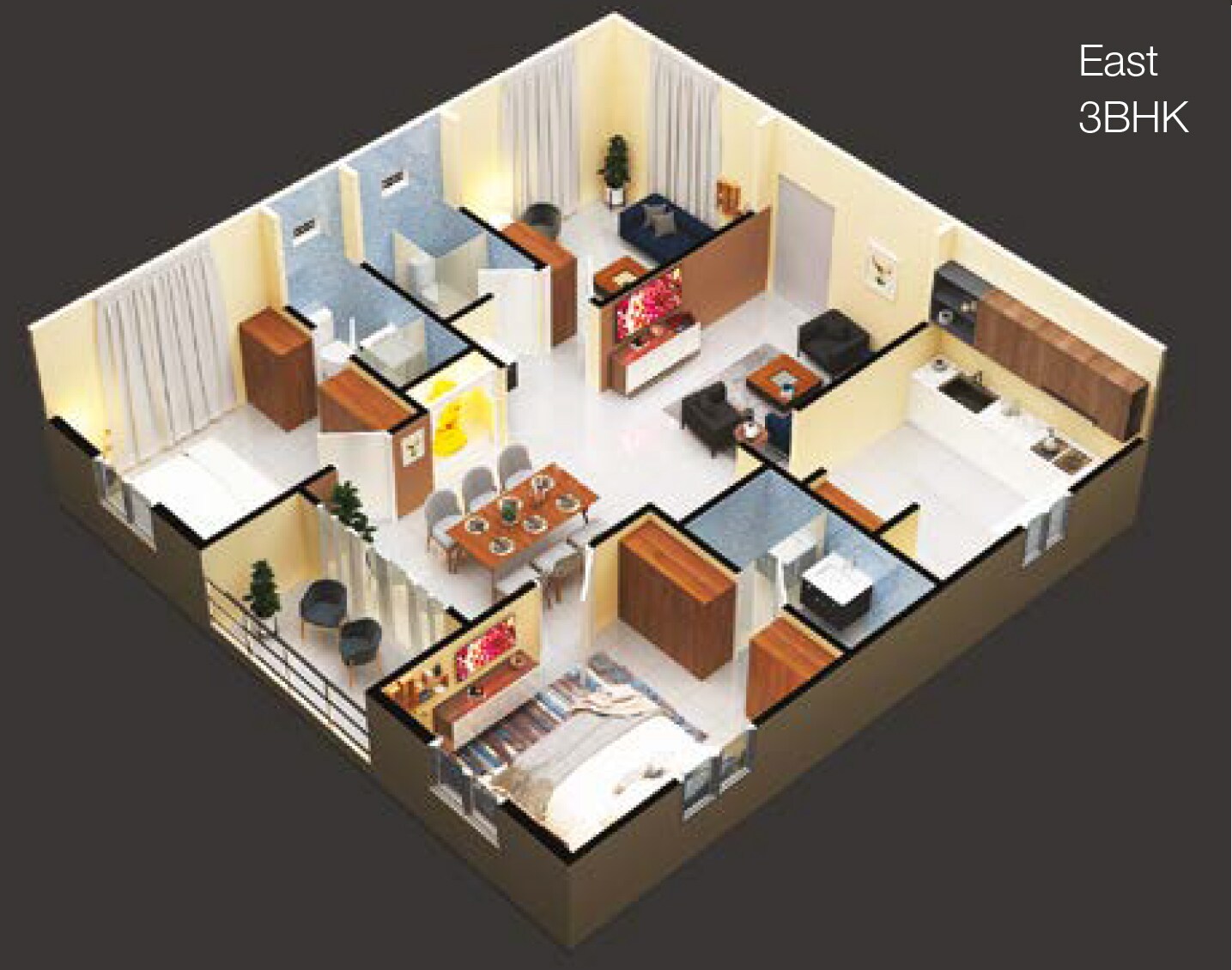 Floor plan of 3 BHK 1449 Sq. Ft. Apartment in Modi Edifice, Hyderabad