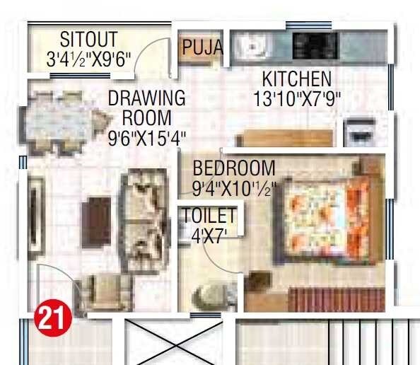 Floor plan of 1 BHK 627 Sq. Ft. Apartment in Modi Elegance, Hyderabad