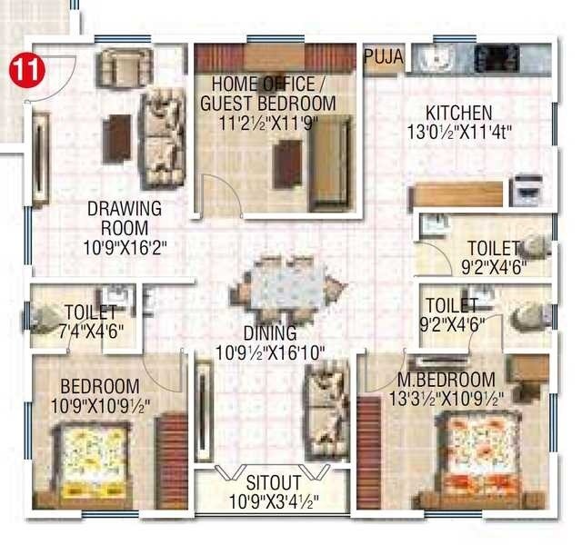 Floor plan of 2 BHK 1003 Sq. Ft. Apartment in Modi Elegance, Hyderabad