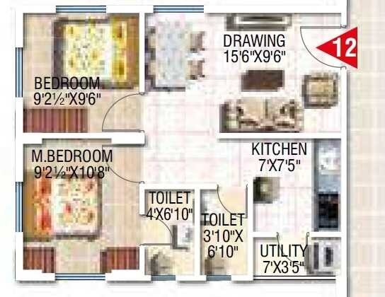 Floor plan of 2 BHK 731 Sq. Ft. Apartment in Modi Elegance, Hyderabad