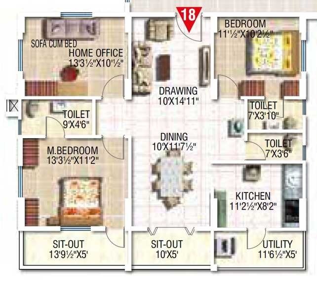 Floor plan of 3 BHK 1224 Sq. Ft. Apartment in Modi Elegance, Hyderabad