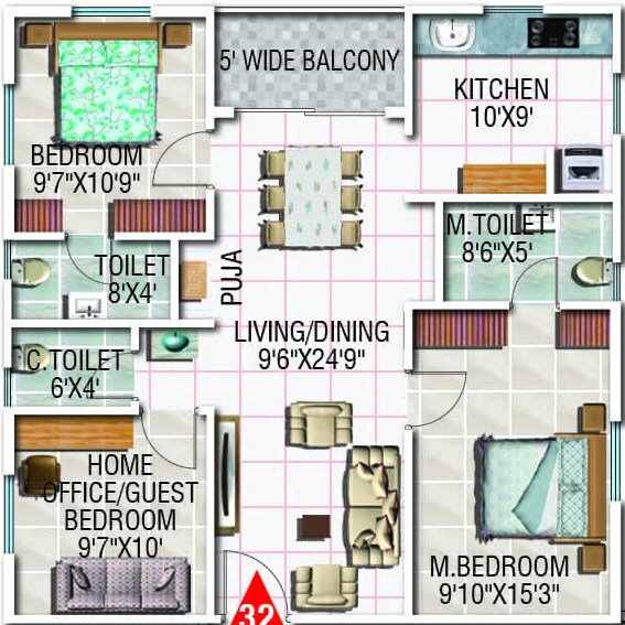 Floor plan of 2 BHK 858 Sq. Ft. Apartment in Modi Esteem, Hyderabad