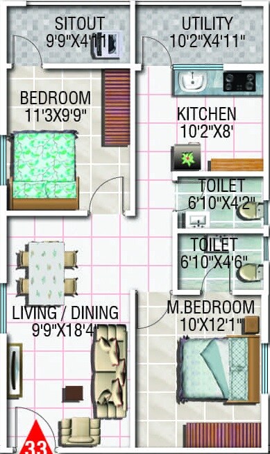 Floor plan of 2 BHK 996 Sq. Ft. Apartment in Modi Esteem, Hyderabad