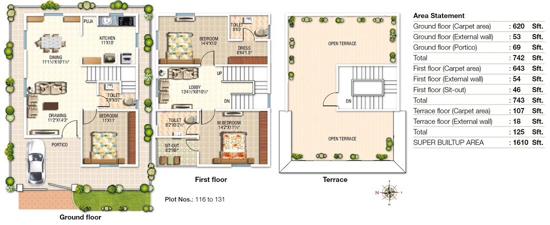 Floor plan of 3 BHK 1610 Sq. Ft. Villa in Modi Golden County, Hyderabad