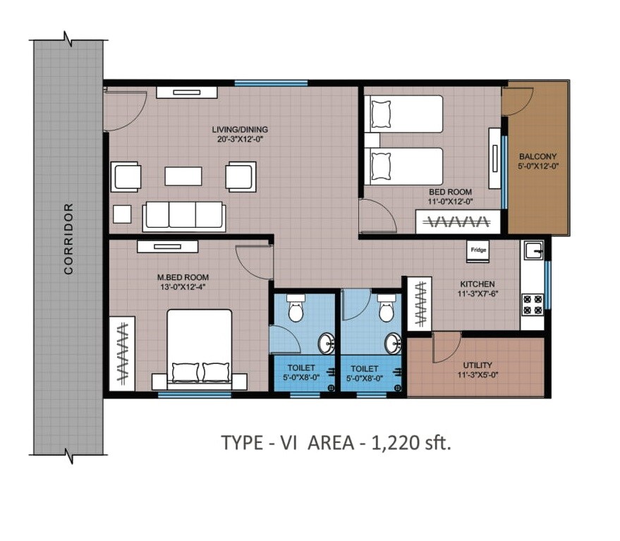 Floor plan of 2 BHK 1220 Sq. Ft. Apartment in Modi Greenwood Heights, Hyderabad