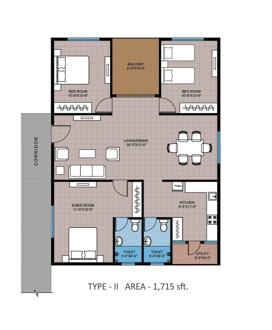 Floor plan of 3 BHK 1715 Sq. Ft. Apartment in Modi Greenwood Heights, Hyderabad