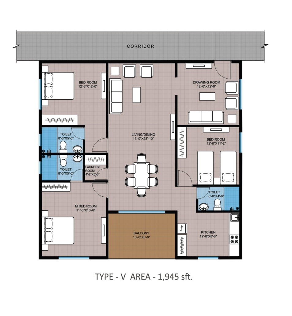 Floor plan of 3 BHK 1945 Sq. Ft. Apartment in Modi Greenwood Heights, Hyderabad