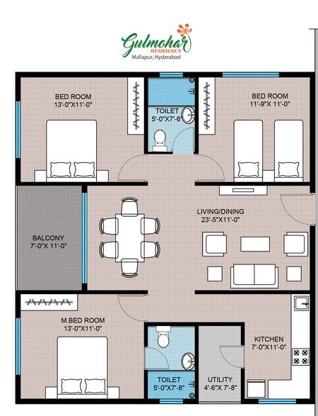Floor plan of 3 BHK 1360 Sq. Ft. Apartment in Modi Gulmohar Residency, Hyderabad