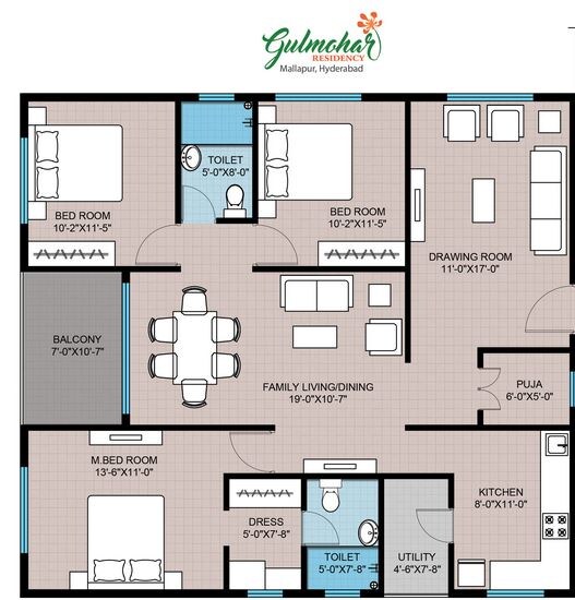 Floor plan of 3 BHK 1660 Sq. Ft. Apartment in Modi Gulmohar Residency, Hyderabad