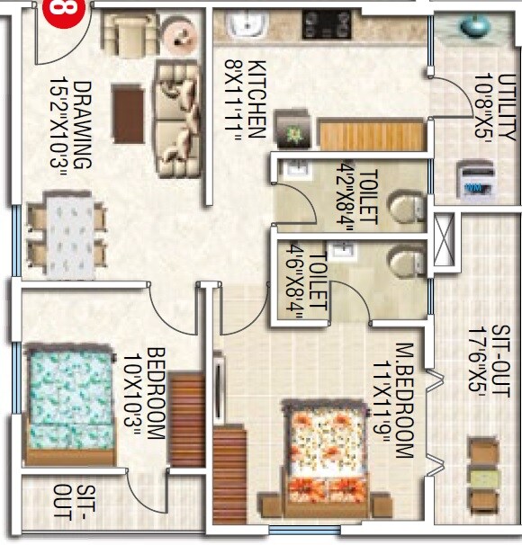 Floor plan of 2 BHK 1169 Sq. Ft. Apartment in Modi Lakeview, Hyderabad