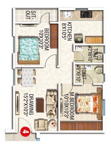 Floor plan of 2 BHK 916 Sq. Ft. Apartment in Modi Lakeview, Hyderabad