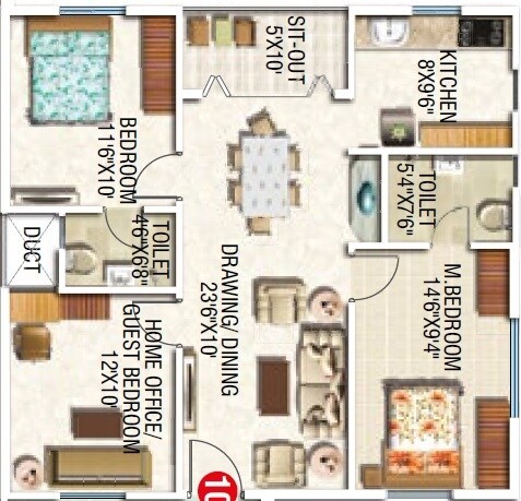 Floor plan of 3 BHK 1301 Sq. Ft. Apartment in Modi Lakeview, Hyderabad