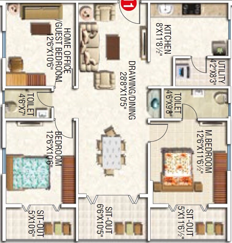 Floor plan of 3 BHK 1744 Sq. Ft. Apartment in Modi Lakeview, Hyderabad