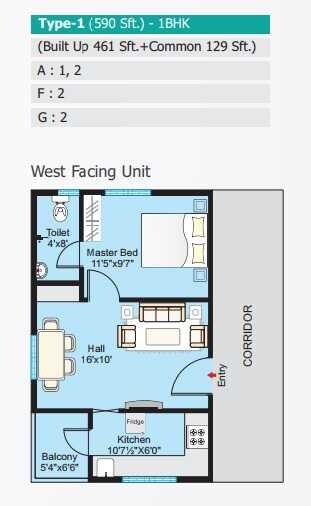 Floor plan of 1 BHK 590 Sq. Ft. Apartment in Modi Lotus Homes, Hyderabad