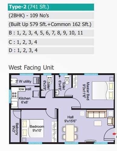 Floor plan of 2 BHK 741 Sq. Ft. Apartment in Modi Lotus Homes, Hyderabad
