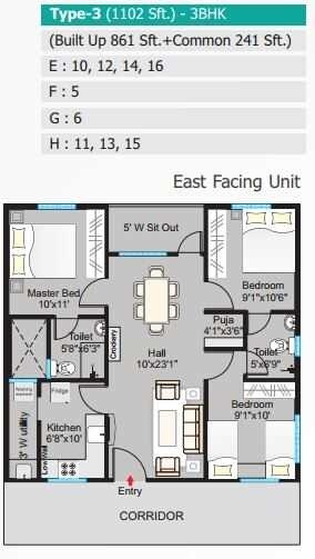 Floor plan of 3 BHK 1102 Sq. Ft. Apartment in Modi Lotus Homes, Hyderabad