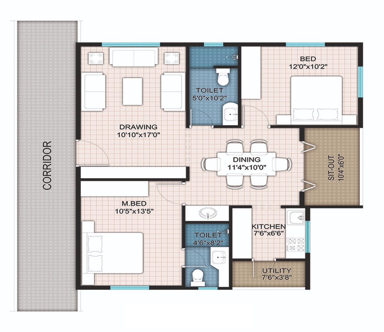 2 BHK 1130 Sq. Ft. Apartment in Modi Mayflower Grande