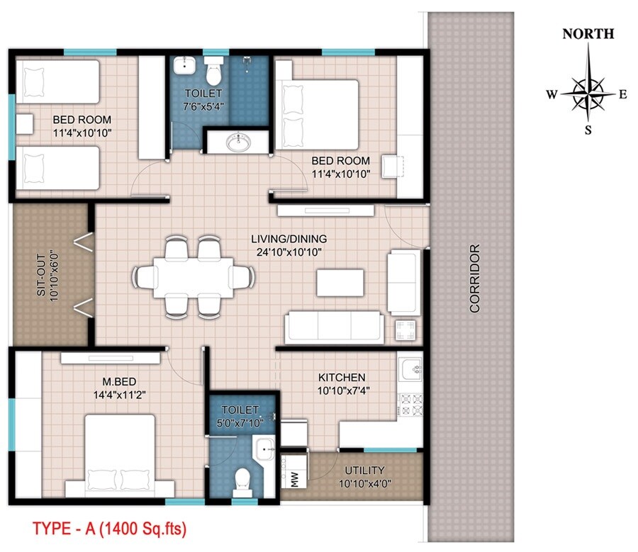 3 BHK 1400 Sq. Ft. Apartment
