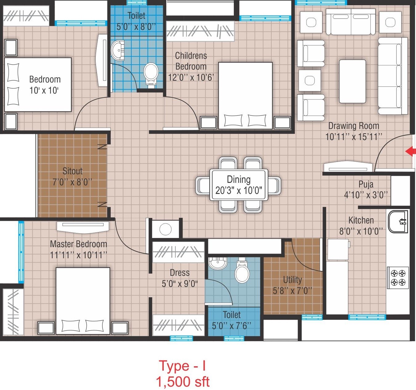 Floor plan of 3 BHK 1500 Sq. Ft. Apartment in Modi Mayflower Platinum, Hyderabad
