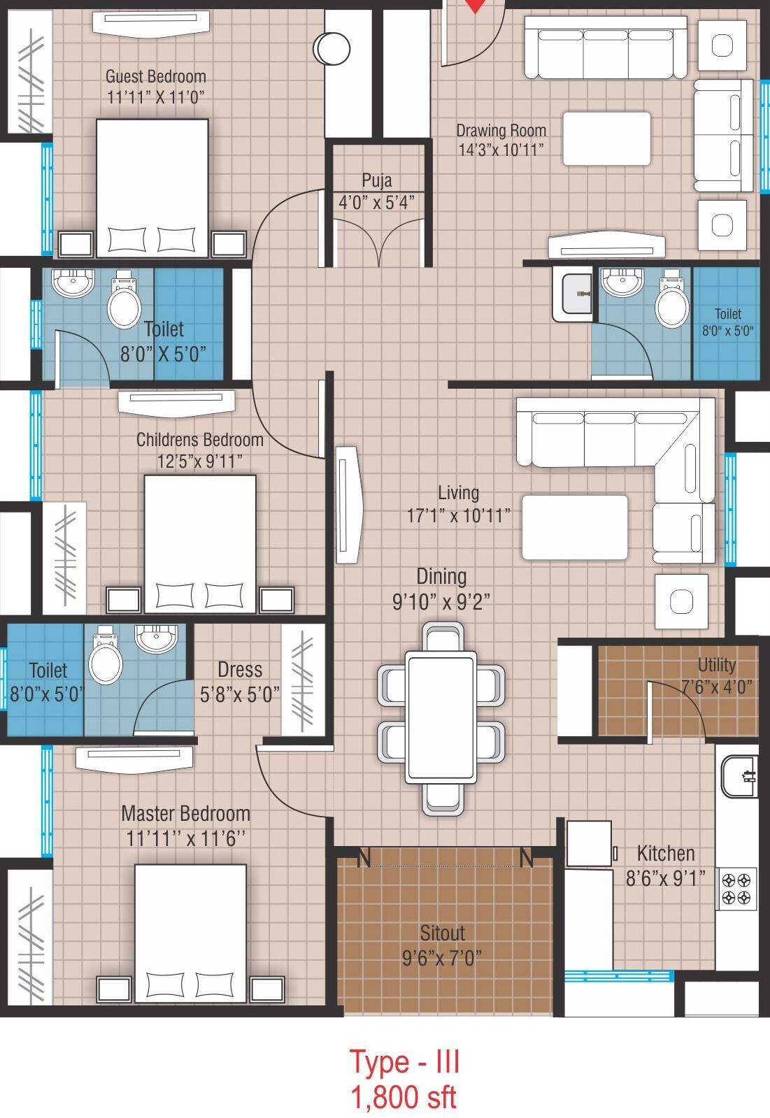 Floor plan of 3 BHK 1800 Sq. Ft. Apartment in Modi Mayflower Platinum, Hyderabad