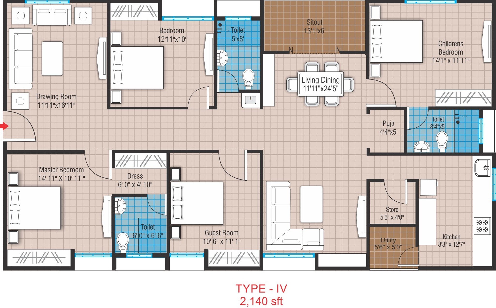 Floor plan of 4 BHK 2140 Sq. Ft. Apartment in Modi Mayflower Platinum, Hyderabad
