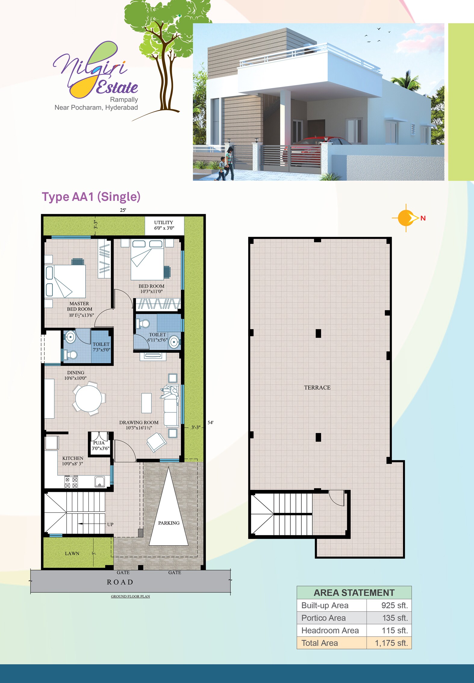 Floor plan of 2 BHK 1175 Sq. Ft. Villa in Modi Nilgiri Estate, Hyderabad