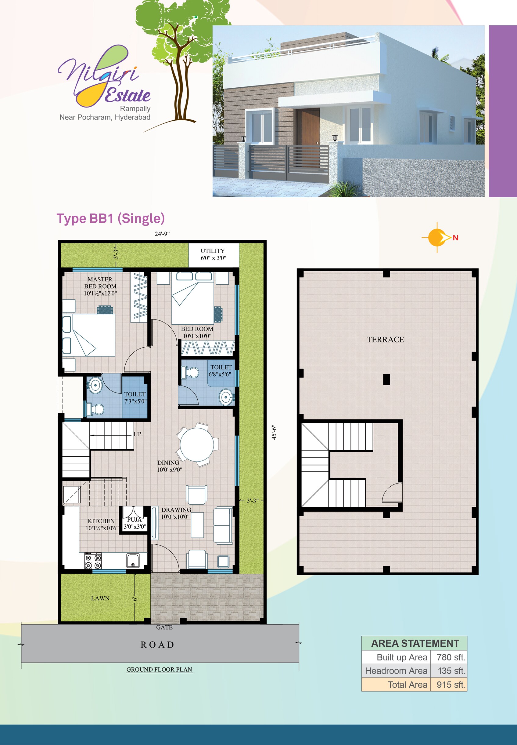 Floor plan of 2 BHK 915 Sq. Ft. Villa in Modi Nilgiri Estate, Hyderabad