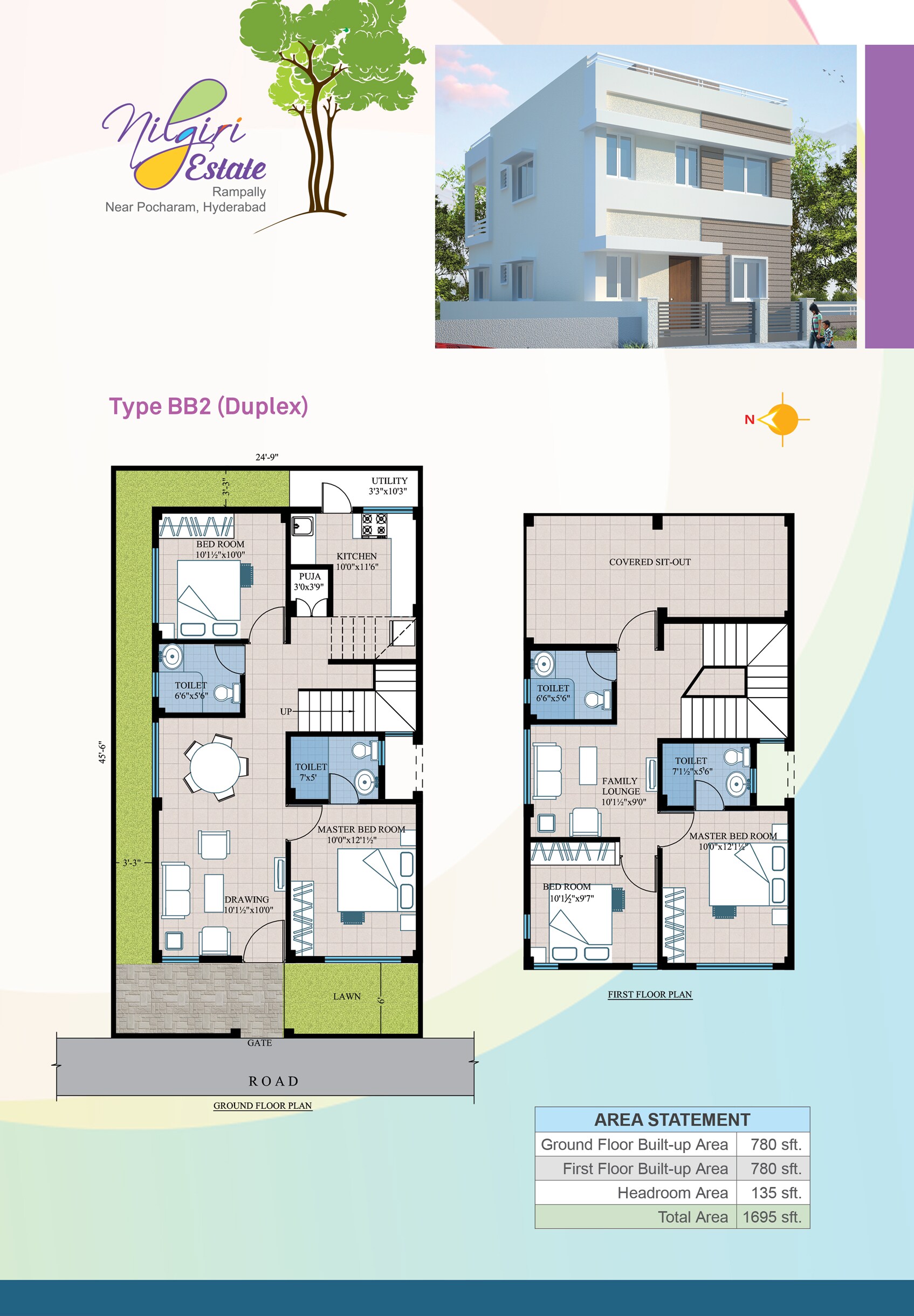 Floor plan of 4 BHK 1695 Sq. Ft. Villa in Modi Nilgiri Estate, Hyderabad
