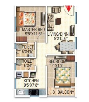 Floor plan of 2 BHK 746 Sq. Ft. Apartment in Modi Paradise Apartment, Hyderabad