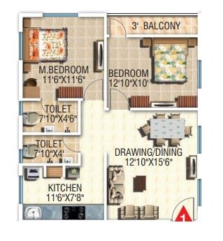 Floor plan of 2 BHK 970 Sq. Ft. Apartment in Modi Paradise Apartment, Hyderabad