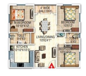 Floor plan of 3 BHK 1196 Sq. Ft. Apartment in Modi Paradise Apartment, Hyderabad