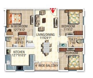 Floor plan of 3 BHK 1334 Sq. Ft. Apartment in Modi Paradise Apartment, Hyderabad
