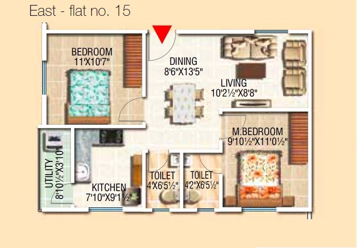 Floor plan of 2 BHK 905 Sq. Ft. Apartment in Modi Serene Park, Hyderabad