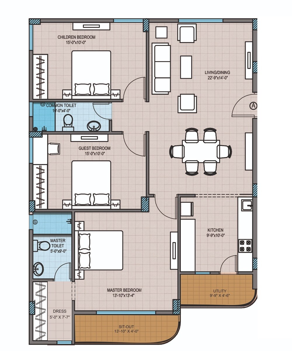 Floor plan of 3 BHK 1620 Sq. Ft. Villa in Modi Silver Oak Residency, Hyderabad