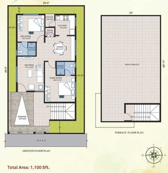 Floor plan of 2 BHK 1100 Sq. Ft. Villa in Modi Silver Oak Villas, Hyderabad