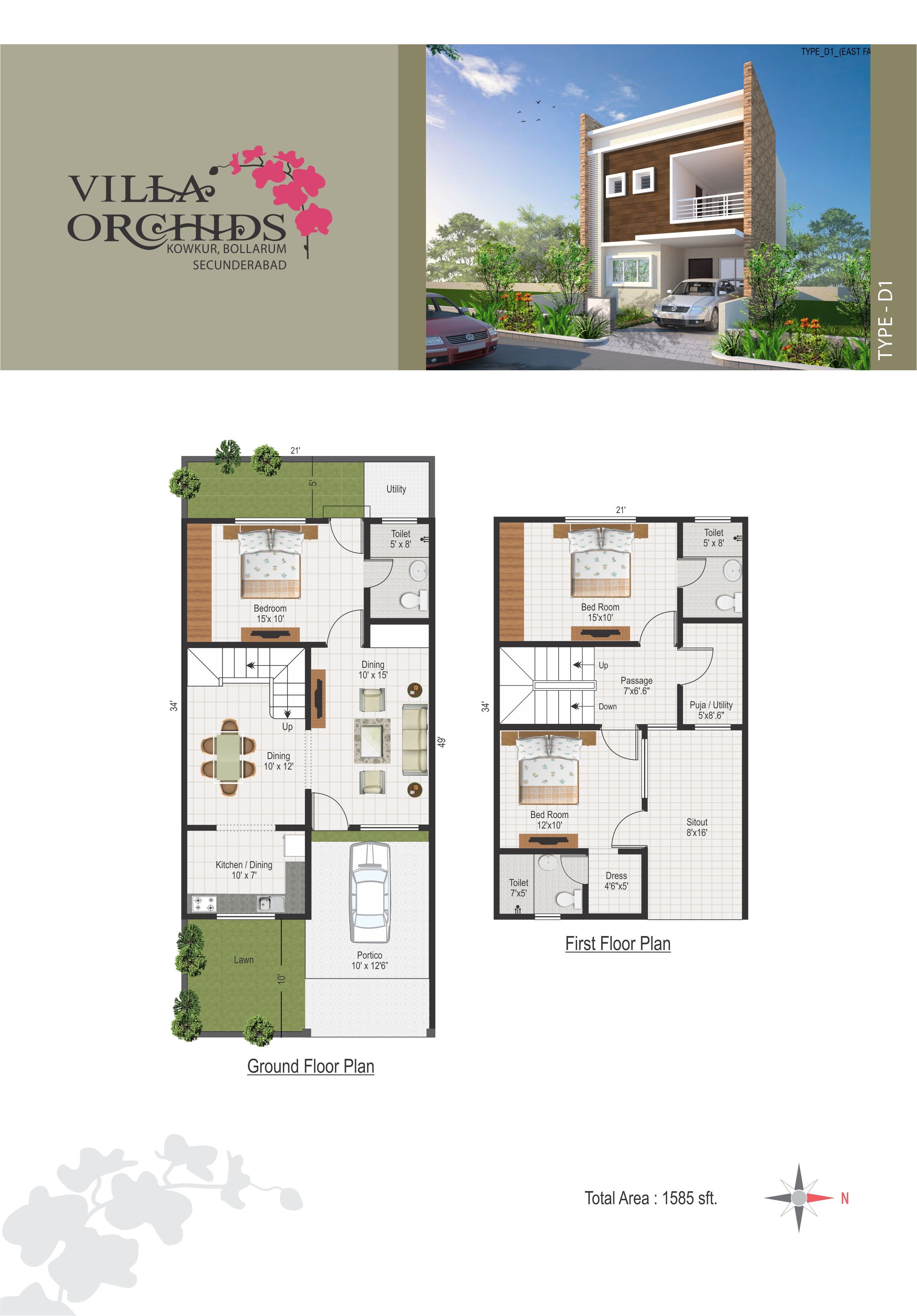 Floor plan of 3 BHK 1585 Sq. Ft. Villa in Modi Villa Orchids, Hyderabad