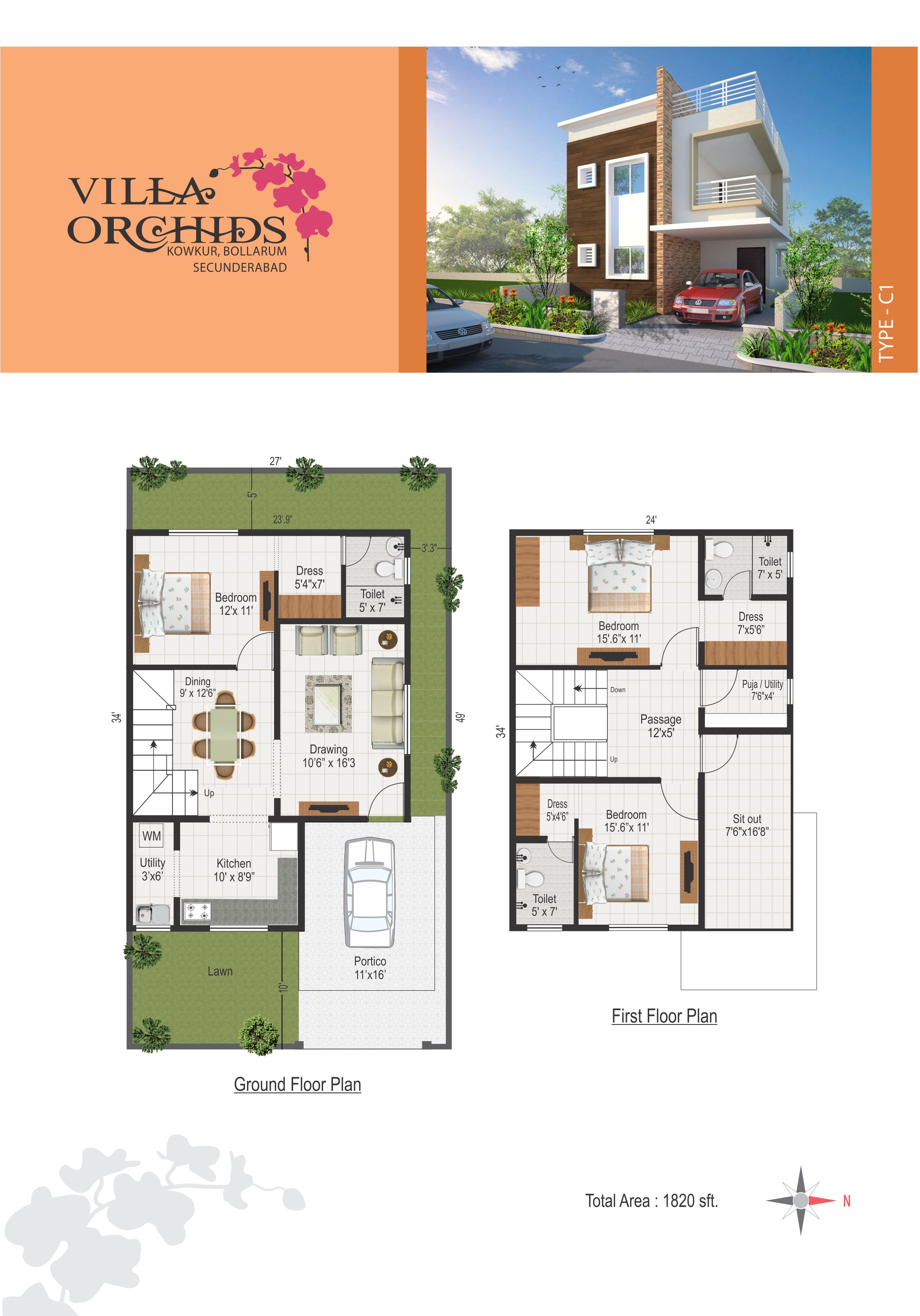 Floor plan of 3 BHK 1820 Sq. Ft. Villa in Modi Villa Orchids, Hyderabad
