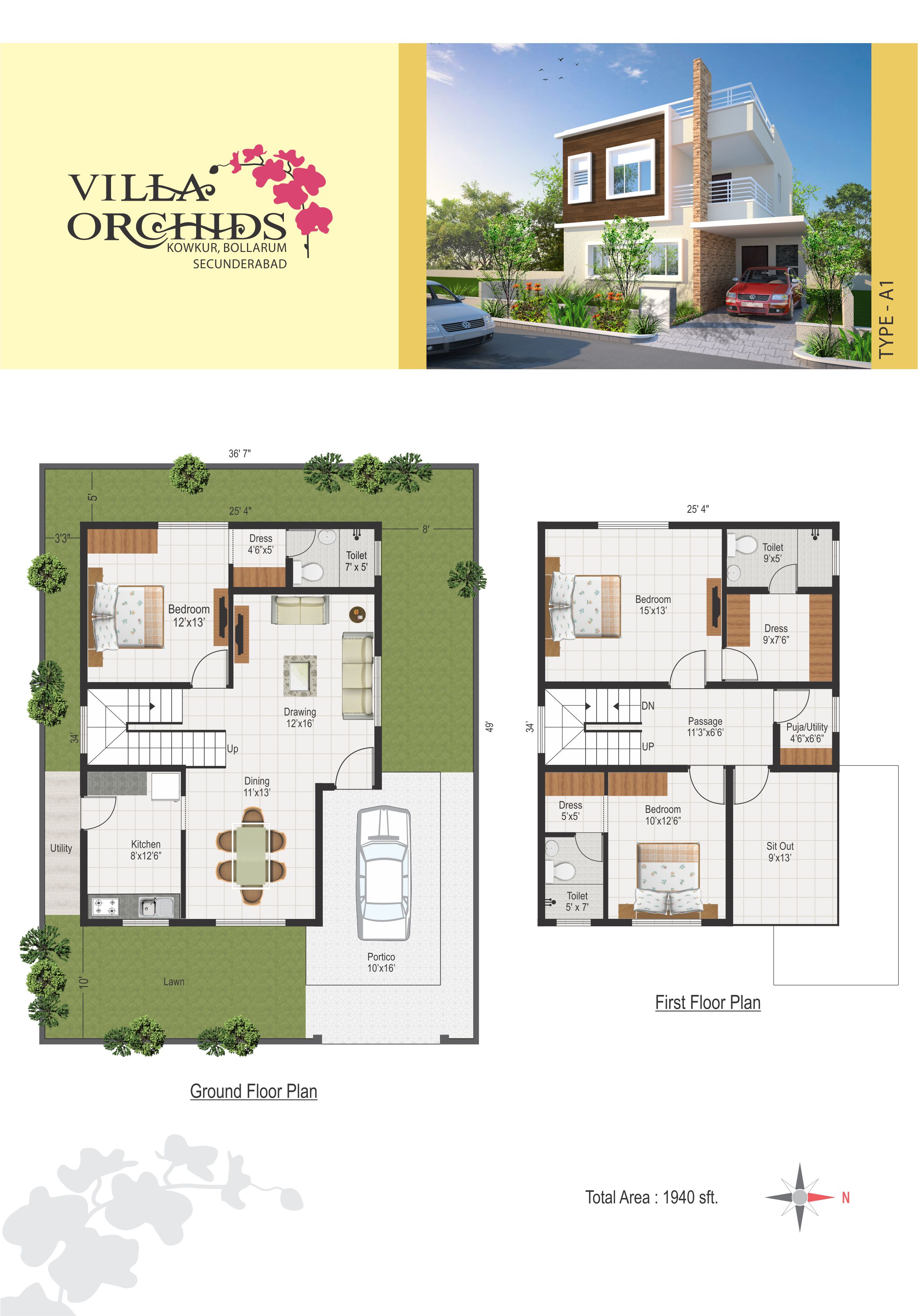 Floor plan of 3 BHK 1940 Sq. Ft. Villa in Modi Villa Orchids, Hyderabad