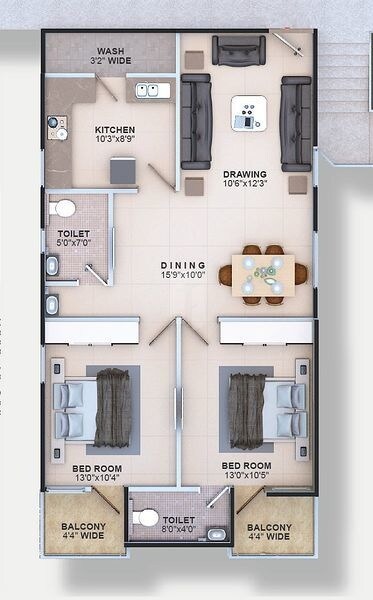 Floor plan of 2 BHK 1107 Sq. Ft. Apartment in Moghal Meraki, Hyderabad