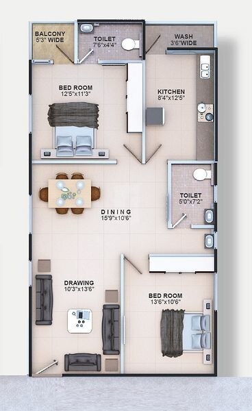 Floor plan of 2 BHK 1120 Sq. Ft. Apartment in Moghal Meraki, Hyderabad