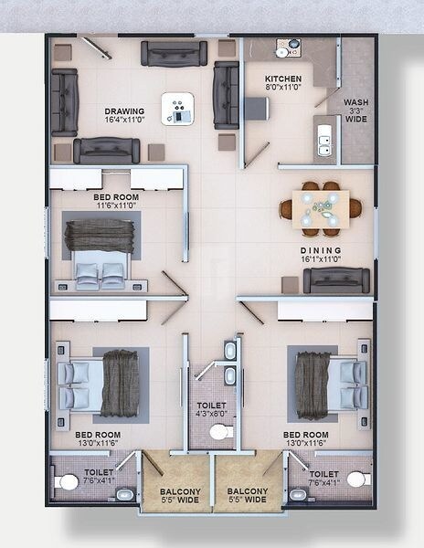 Floor plan of 3 BHK 1455 Sq. Ft. Apartment in Moghal Meraki, Hyderabad